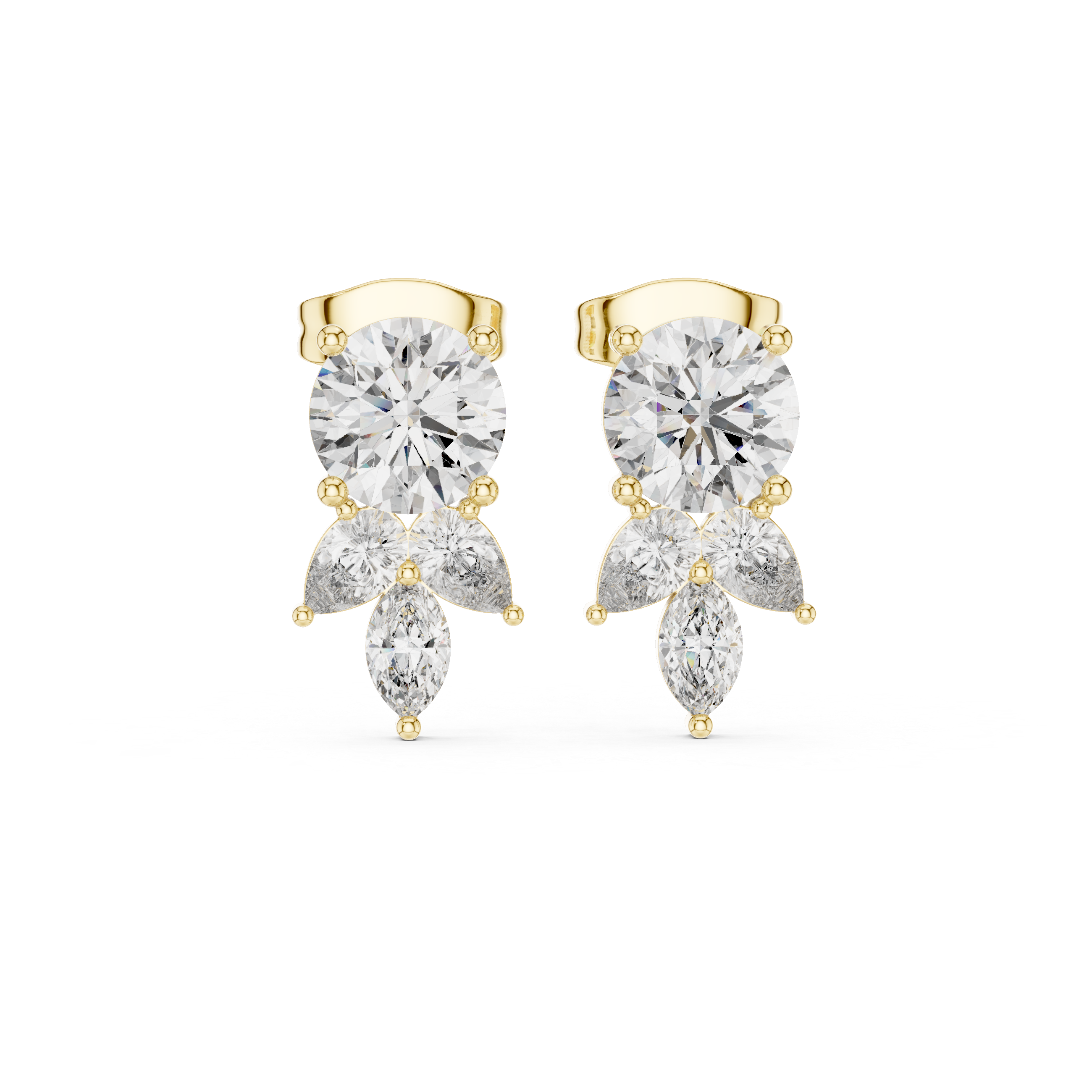 High shine round pear and marquise cut diamond drop stud earrings