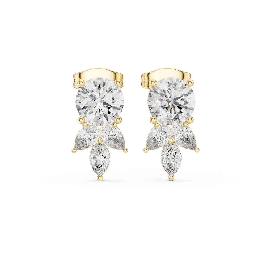High shine round pear and marquise cut diamond drop stud earrings