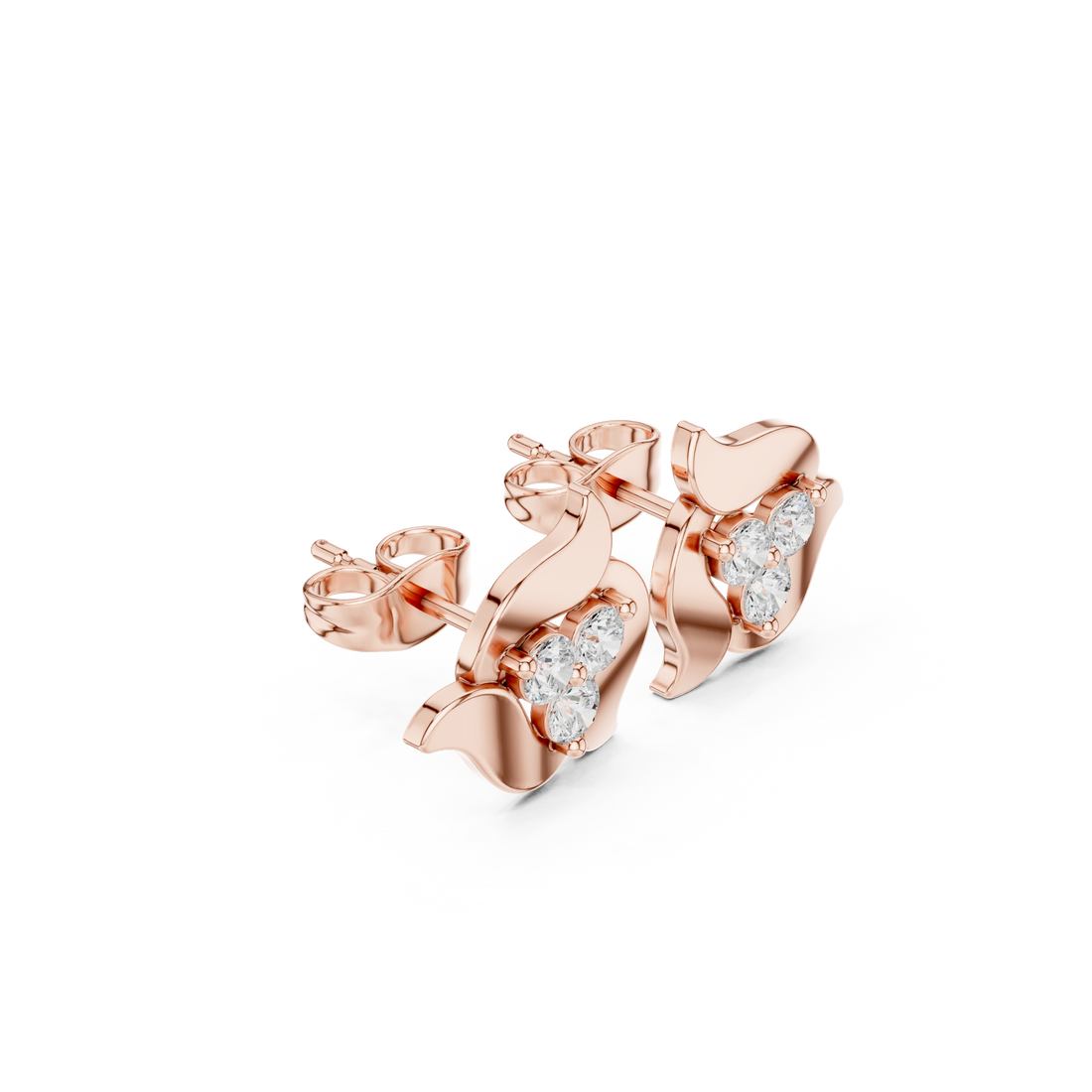 Floral abstract stud earrings with round diamond trio design