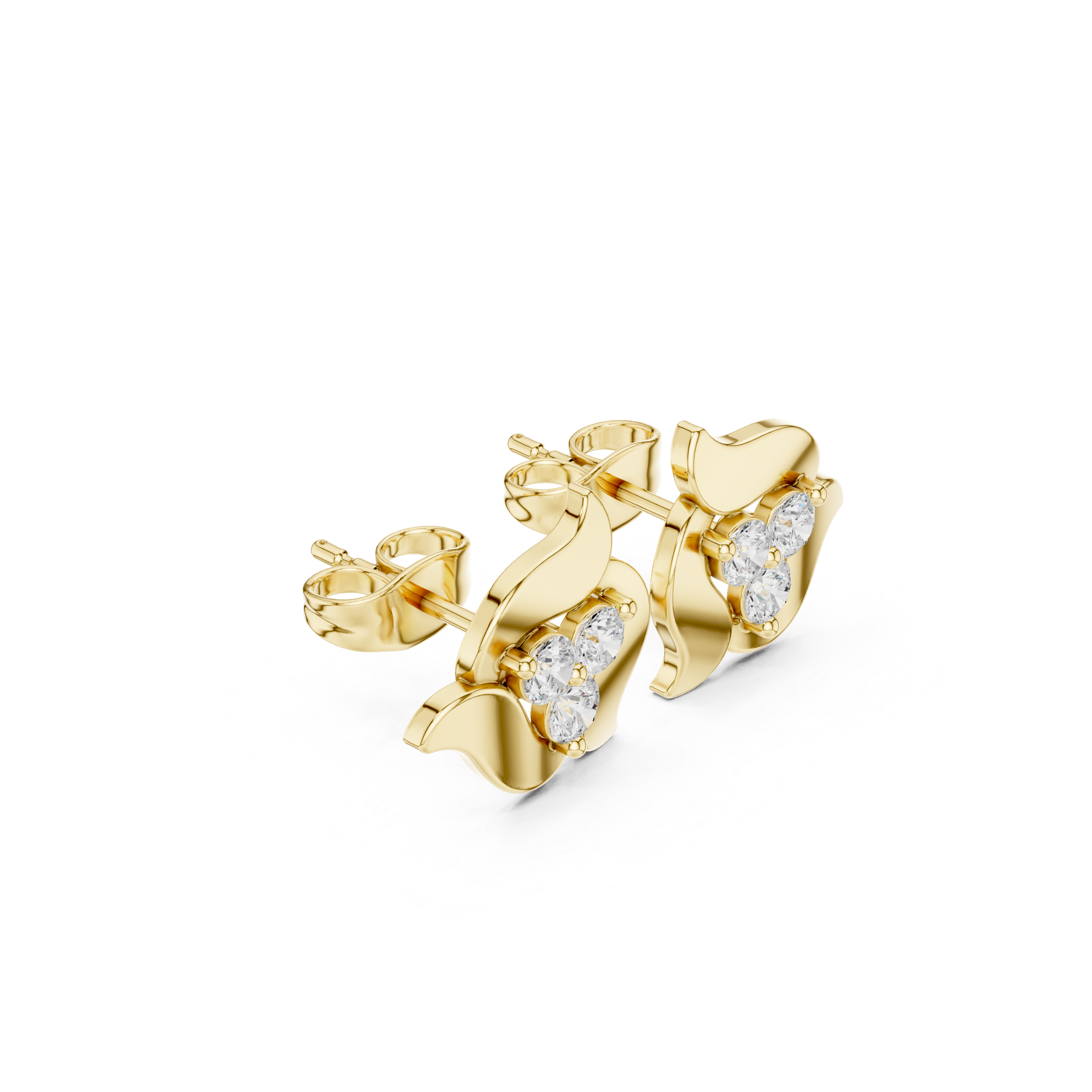 High shine round diamond trio floral abstract stud earrings