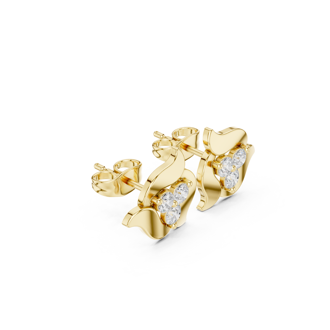 High shine round diamond trio floral abstract stud earrings