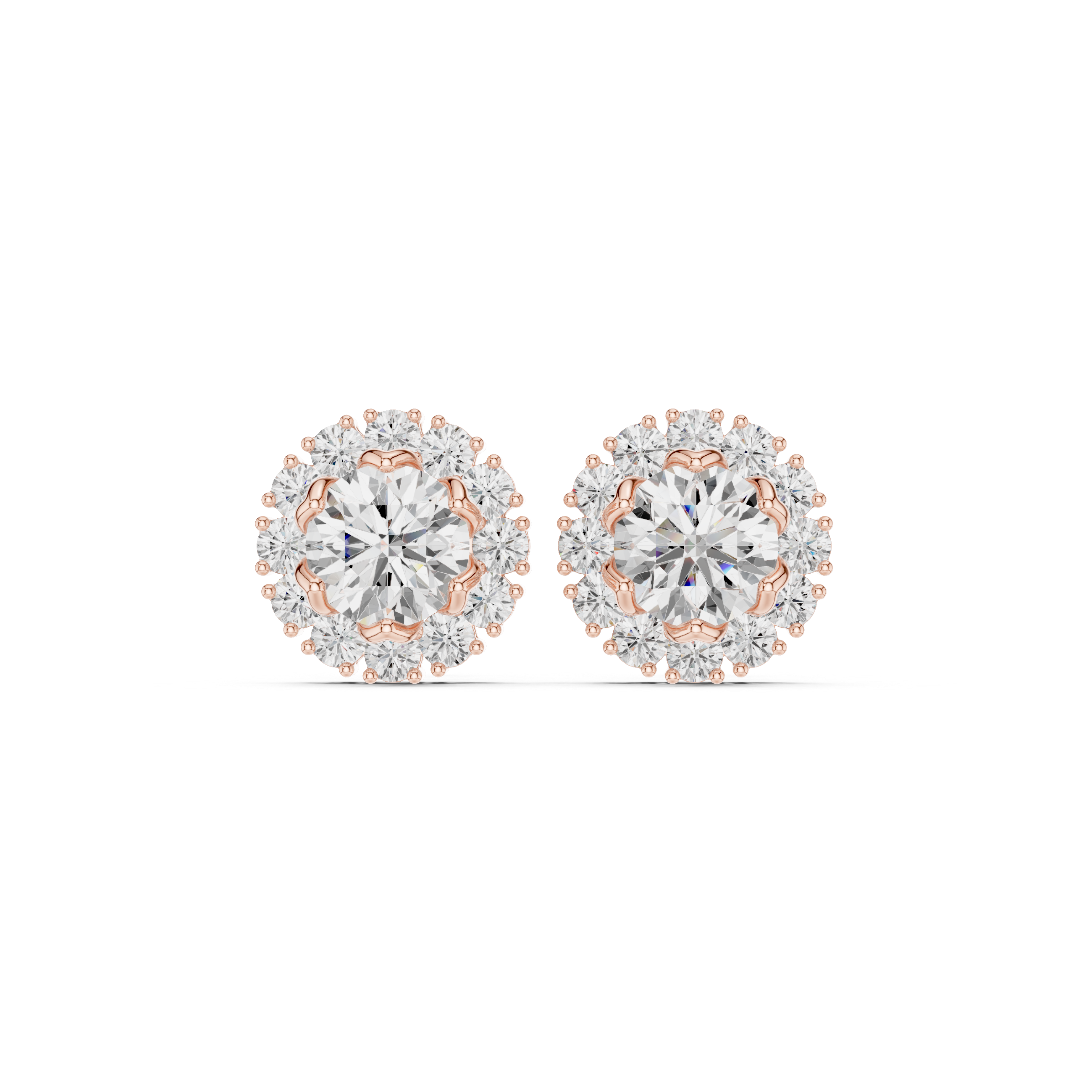 Round cut diamond halo floral stud earrings with scalloped prong detail