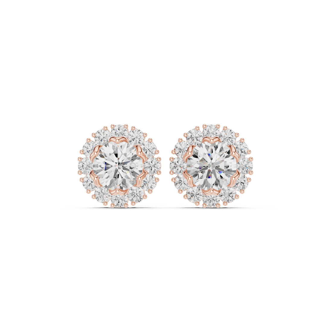 Round cut diamond halo floral stud earrings with scalloped prong detail
