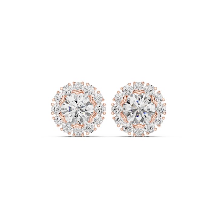 Round cut diamond halo floral stud earrings with scalloped prong detail