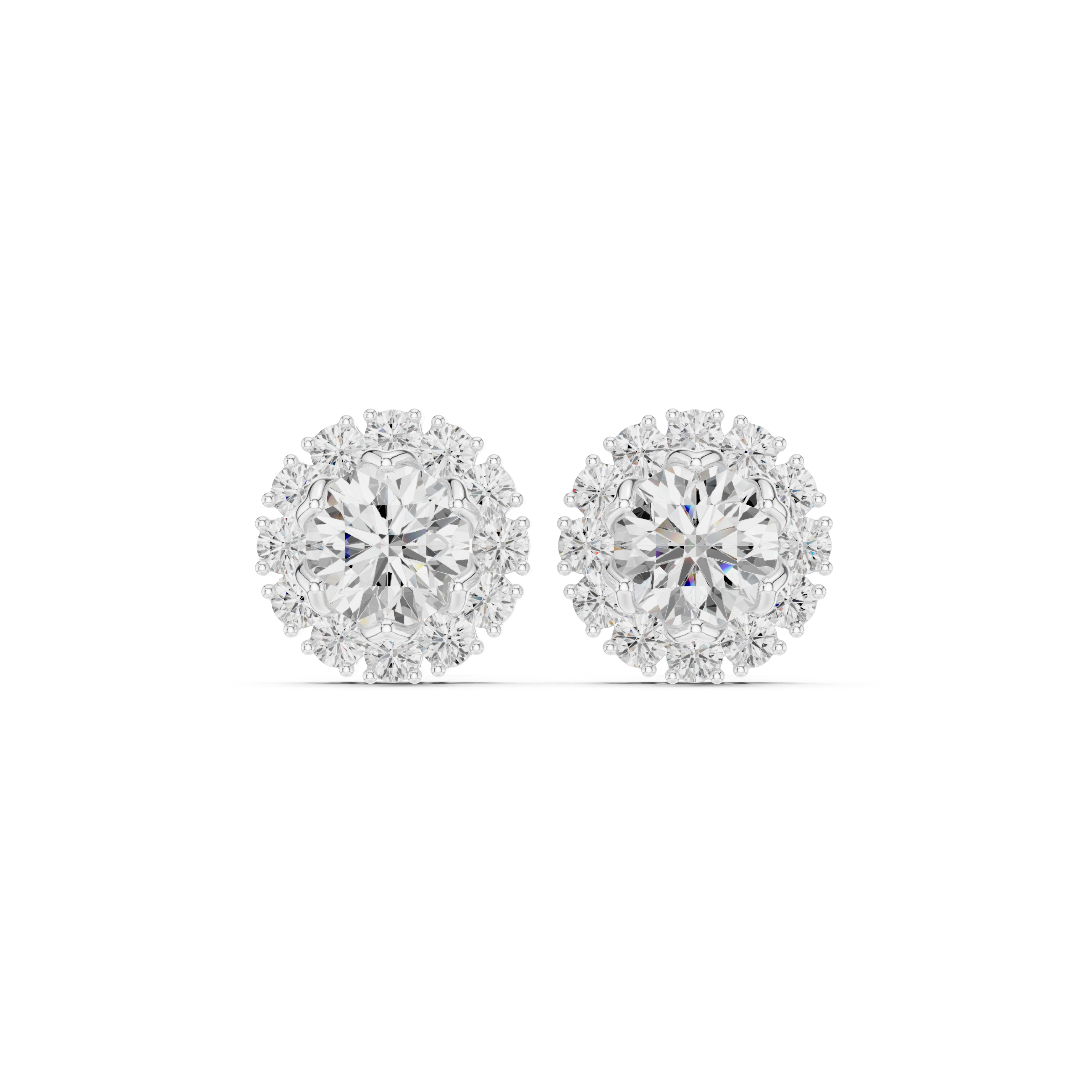 Round diamond floral halo stud earrings with scalloped prong craftsmanship