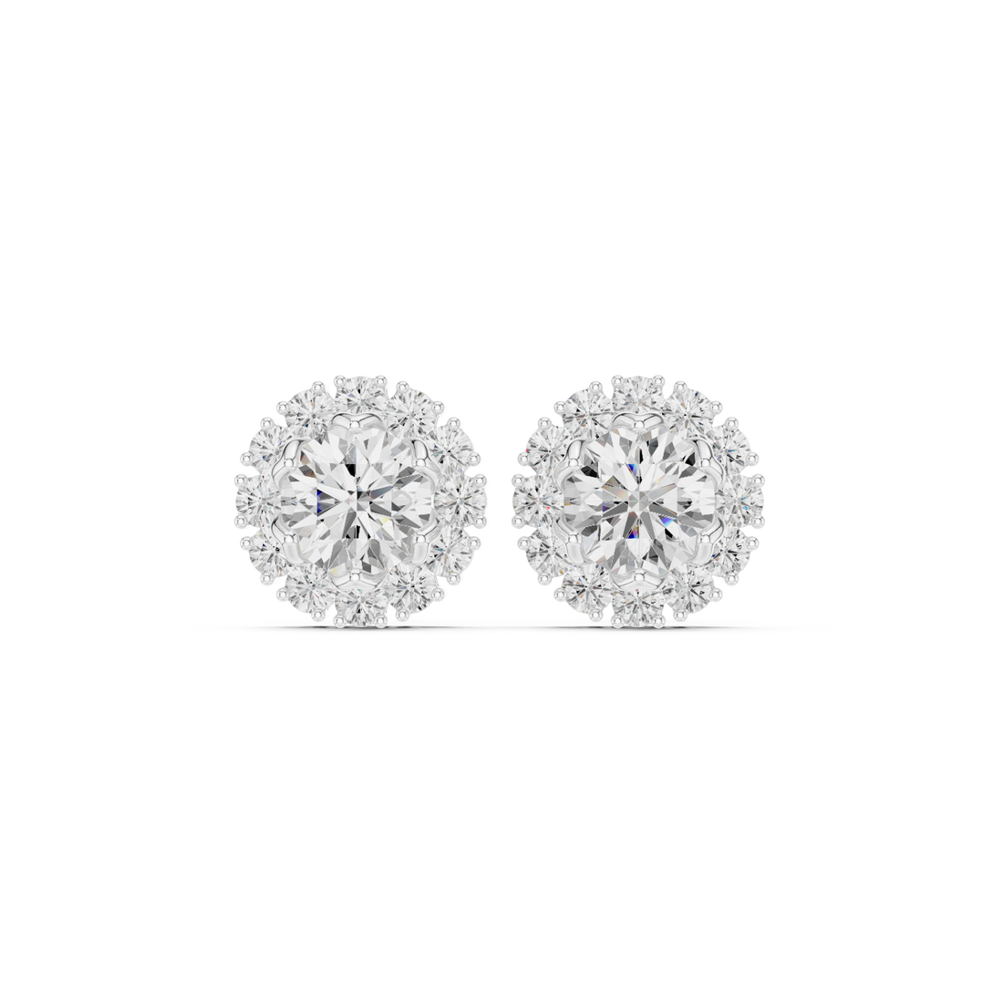 Round diamond floral halo stud earrings with scalloped prong craftsmanship