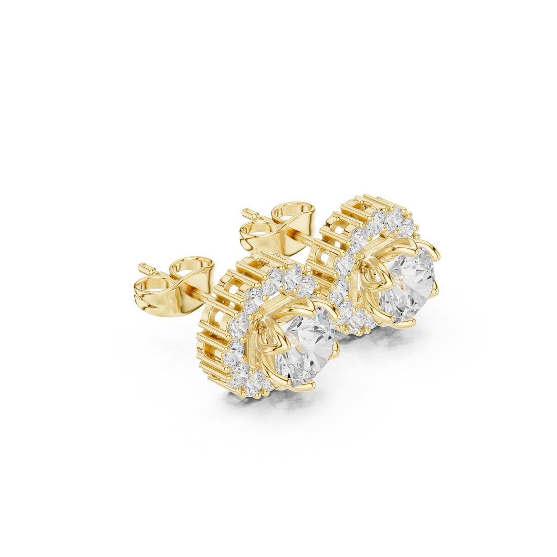High shine round cut diamond halo floral stud earrings elegant style