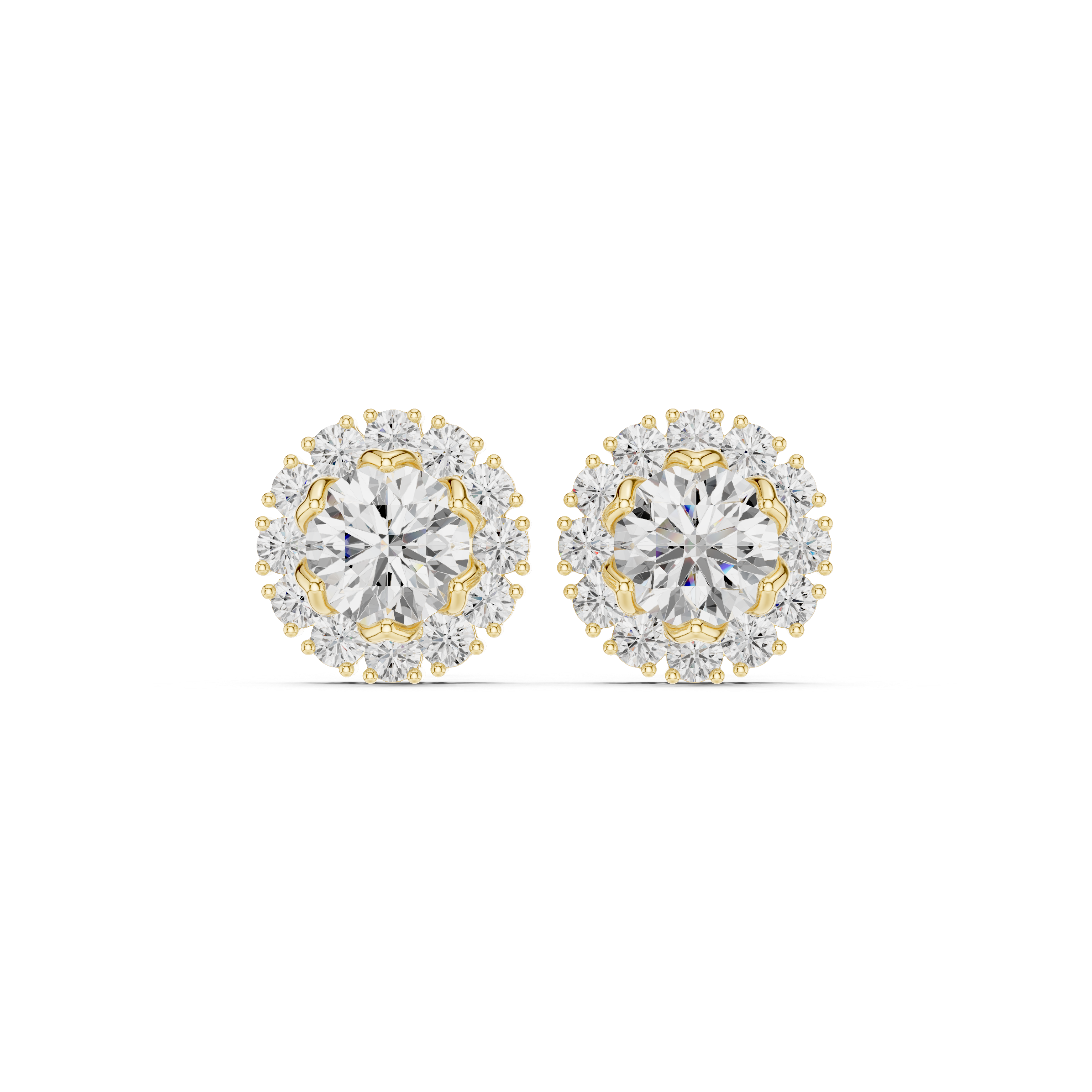Premium round diamond halo floral stud earrings modern scalloped design