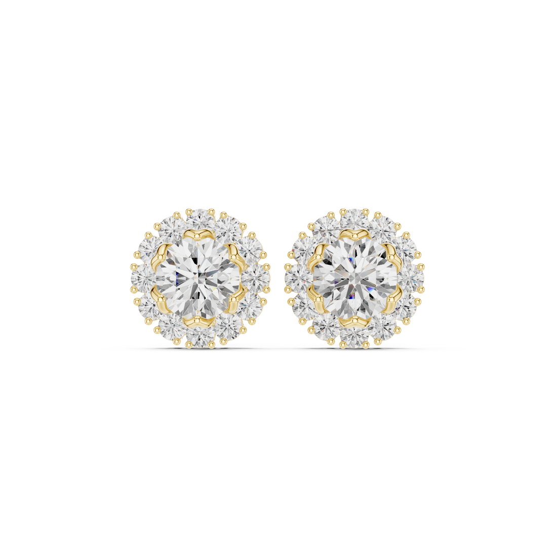 Premium round diamond halo floral stud earrings modern scalloped design
