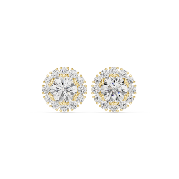 Premium round diamond halo floral stud earrings modern scalloped design