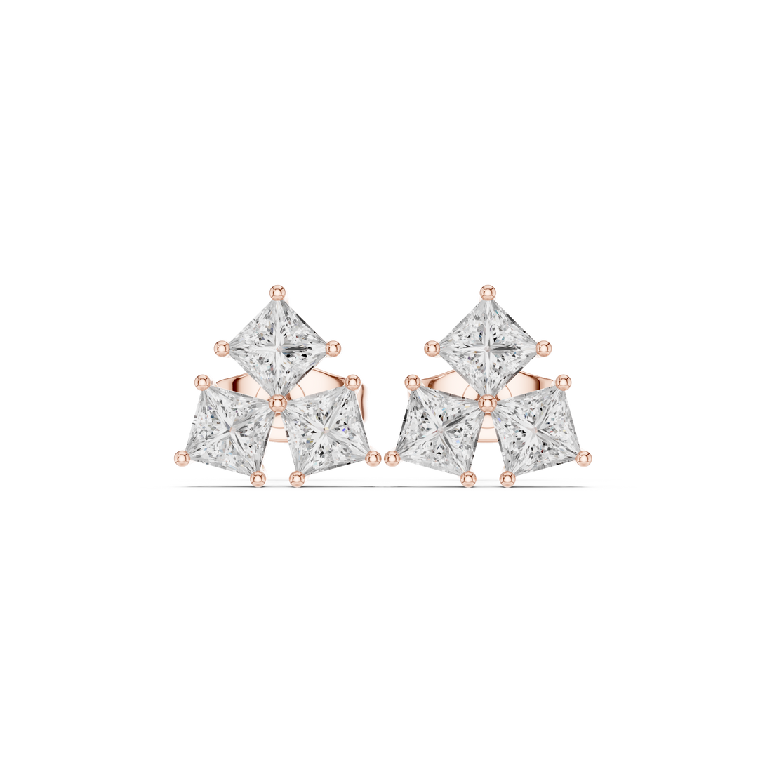 Princess cut diamond trio cluster stud earrings