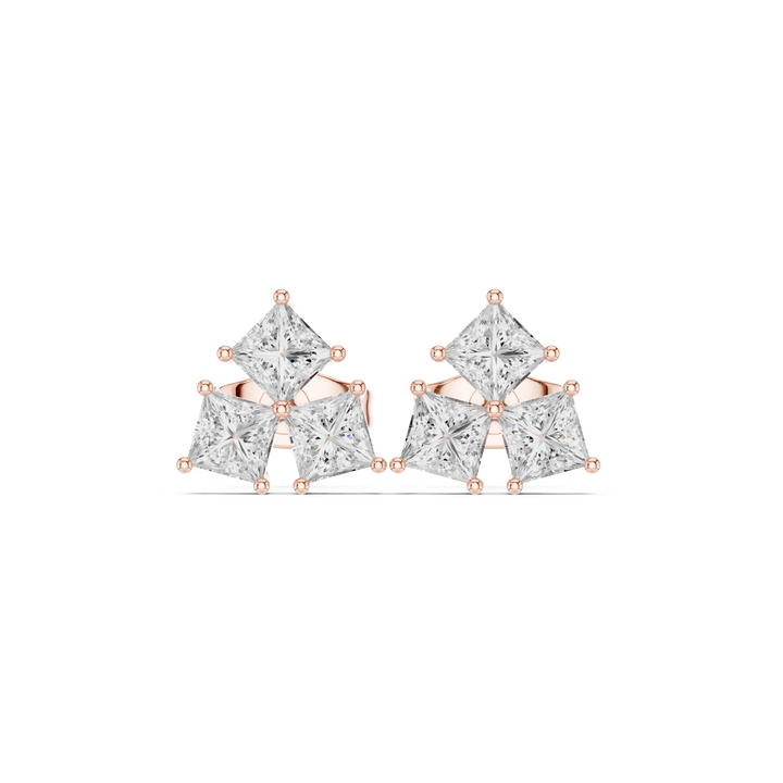 Princess cut diamond trio cluster stud earrings