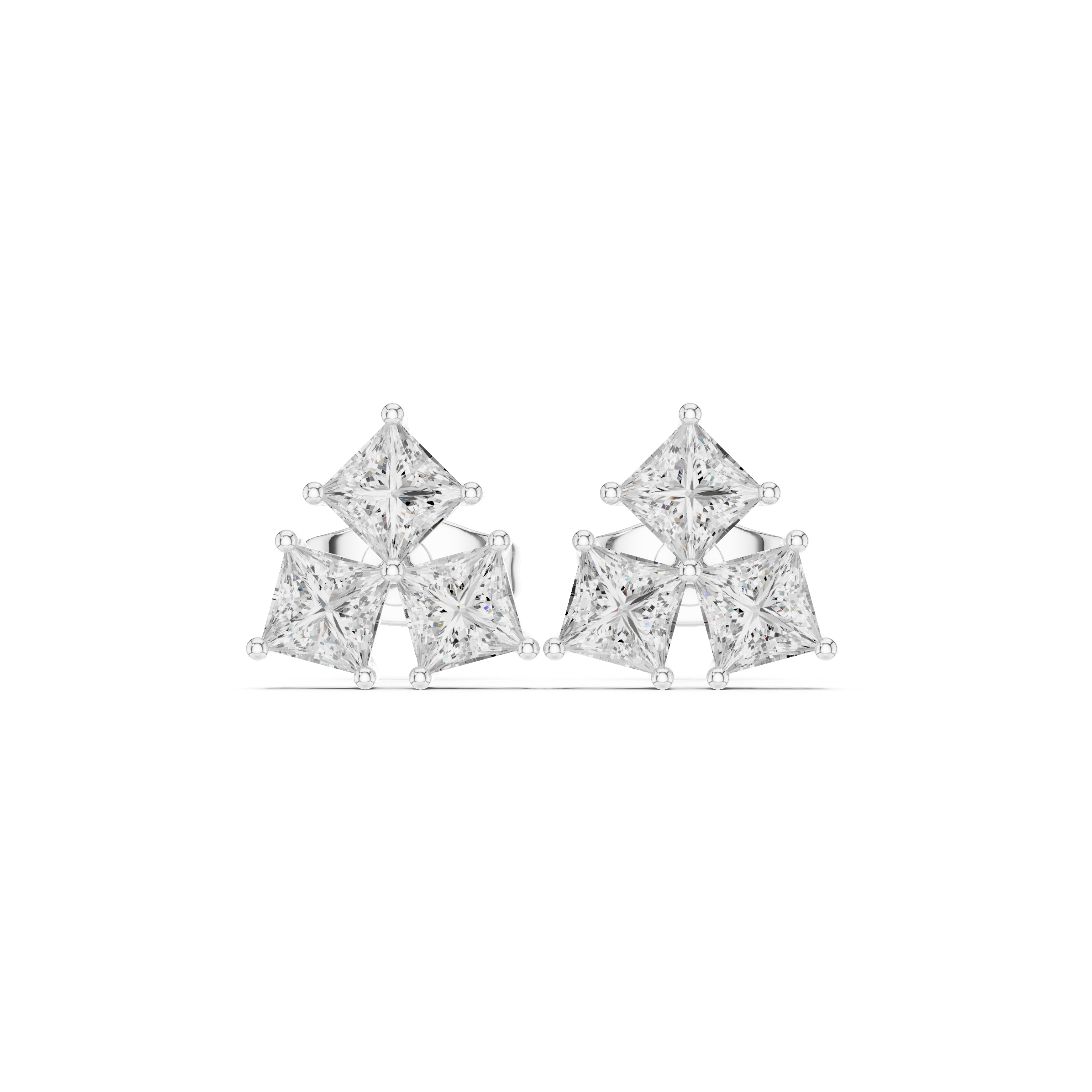 Princess cut diamond trio cluster stud earrings modern elegant style