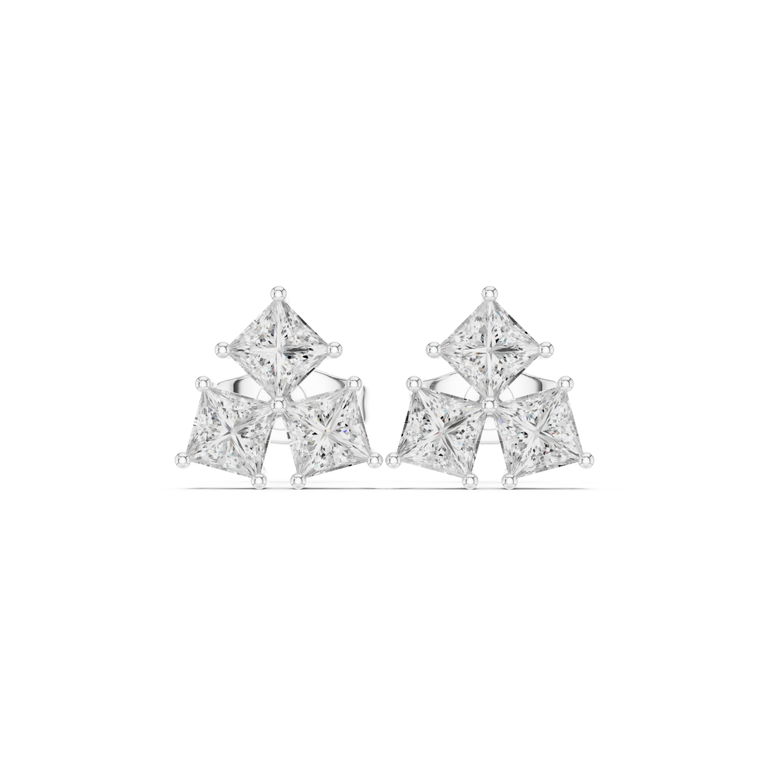 Princess cut diamond trio cluster stud earrings modern elegant style
