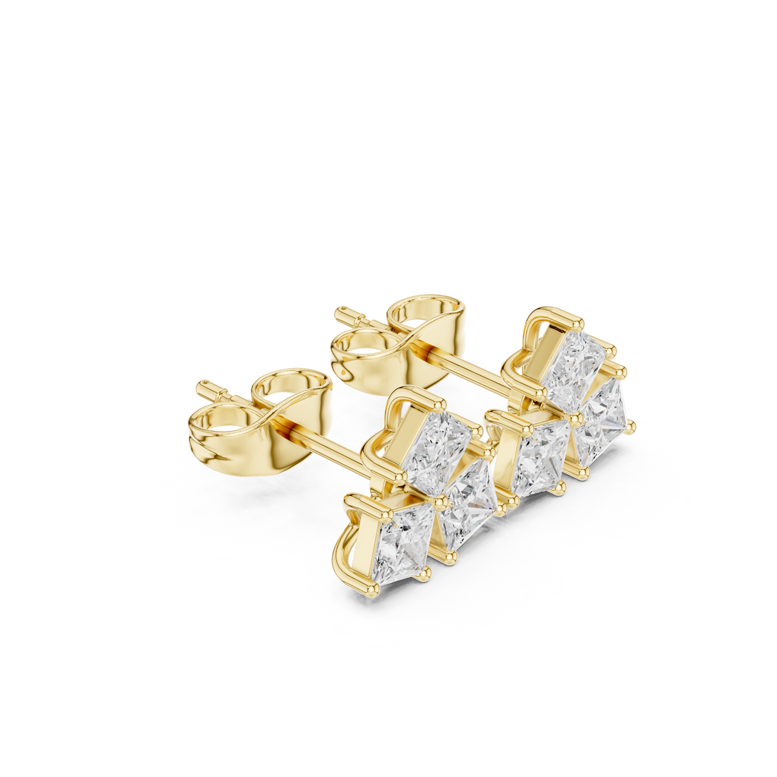 High shine princess cut diamond trio cluster stud earrings