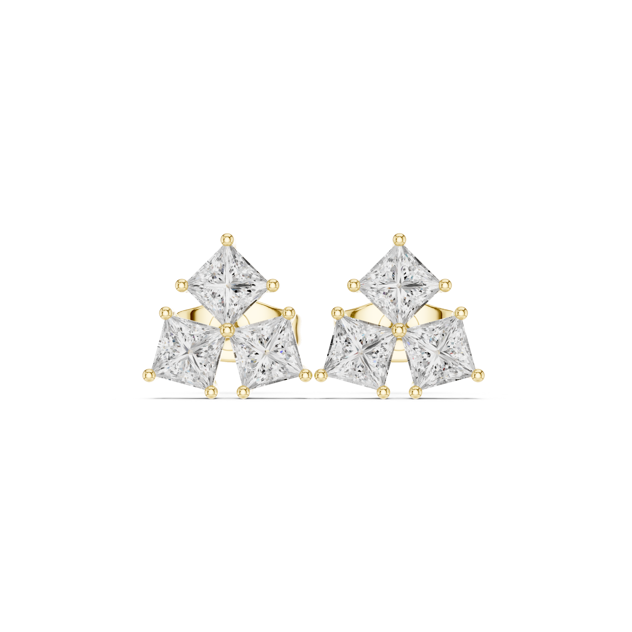 Premium princess cut diamond trio cluster stud earrings contemporary design