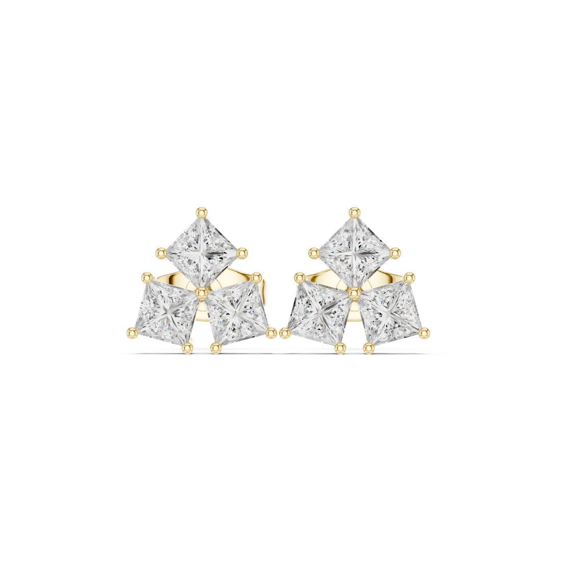Premium princess cut diamond trio cluster stud earrings contemporary design