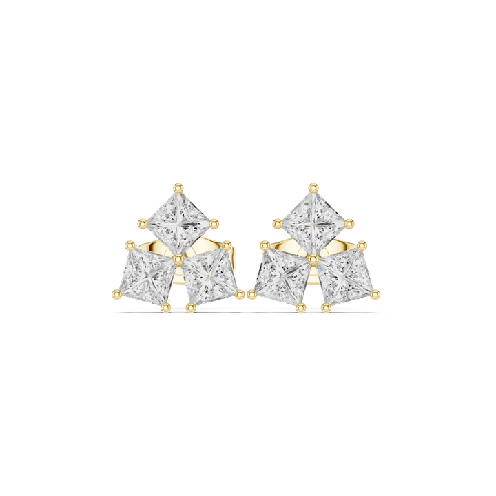 Premium princess cut diamond trio cluster stud earrings contemporary design