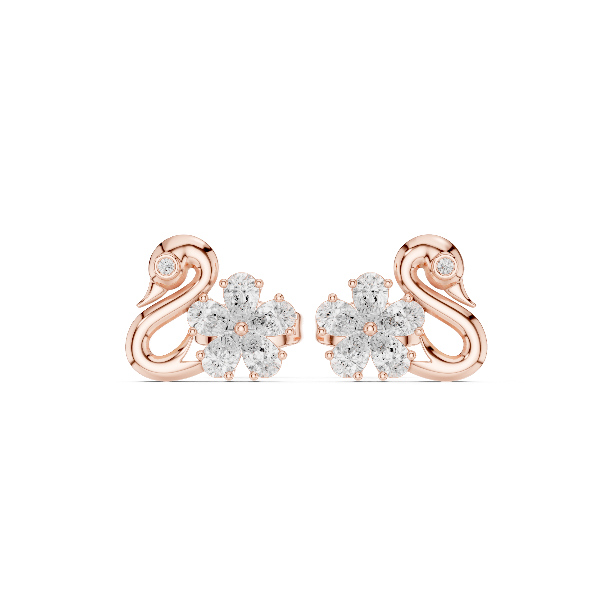 Pear and round diamond swan floral stud earrings
