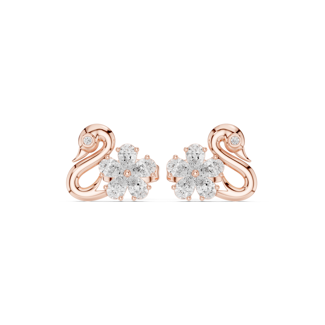 Pear and round diamond swan floral stud earrings