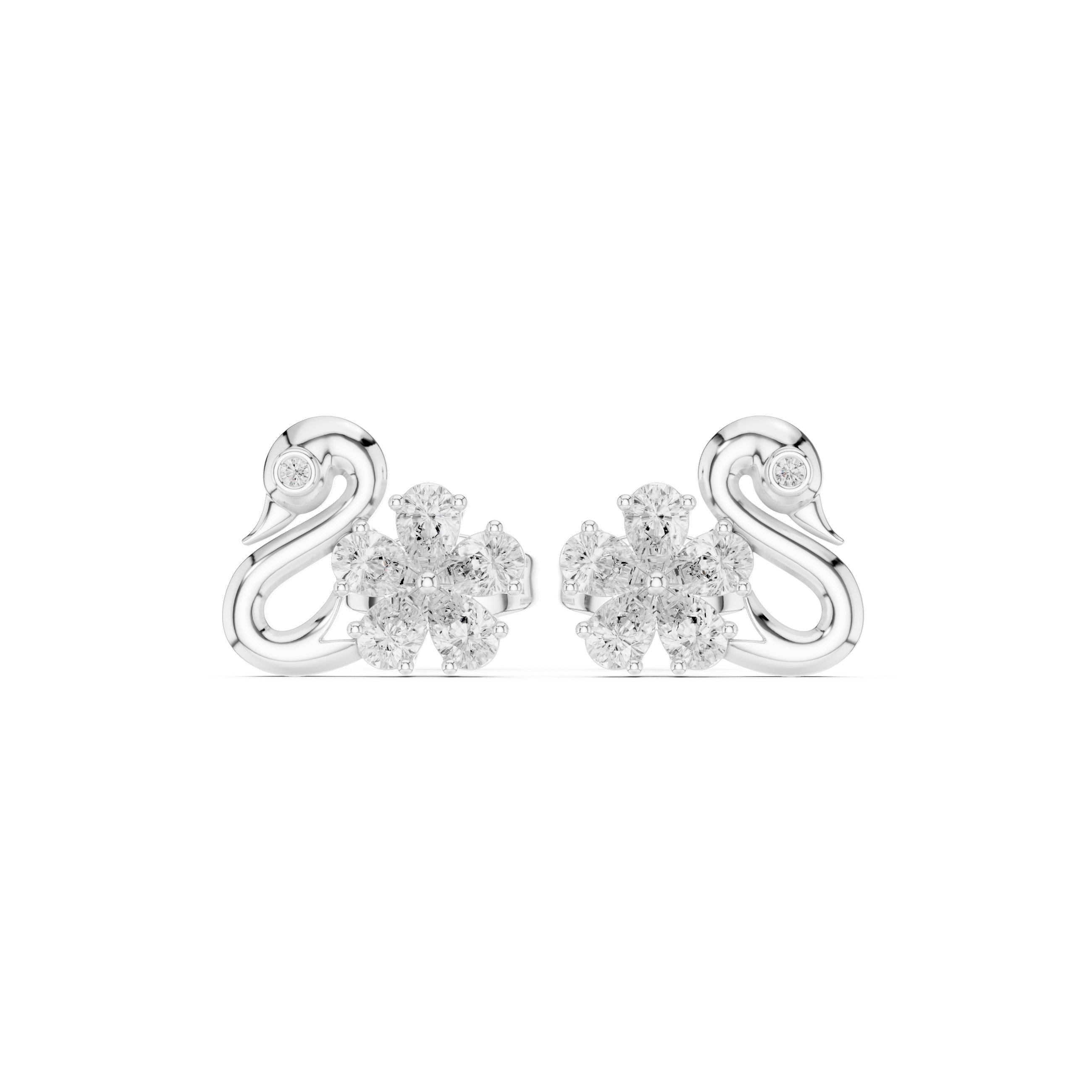 Pear and round diamond swan floral stud earrings artistic design style