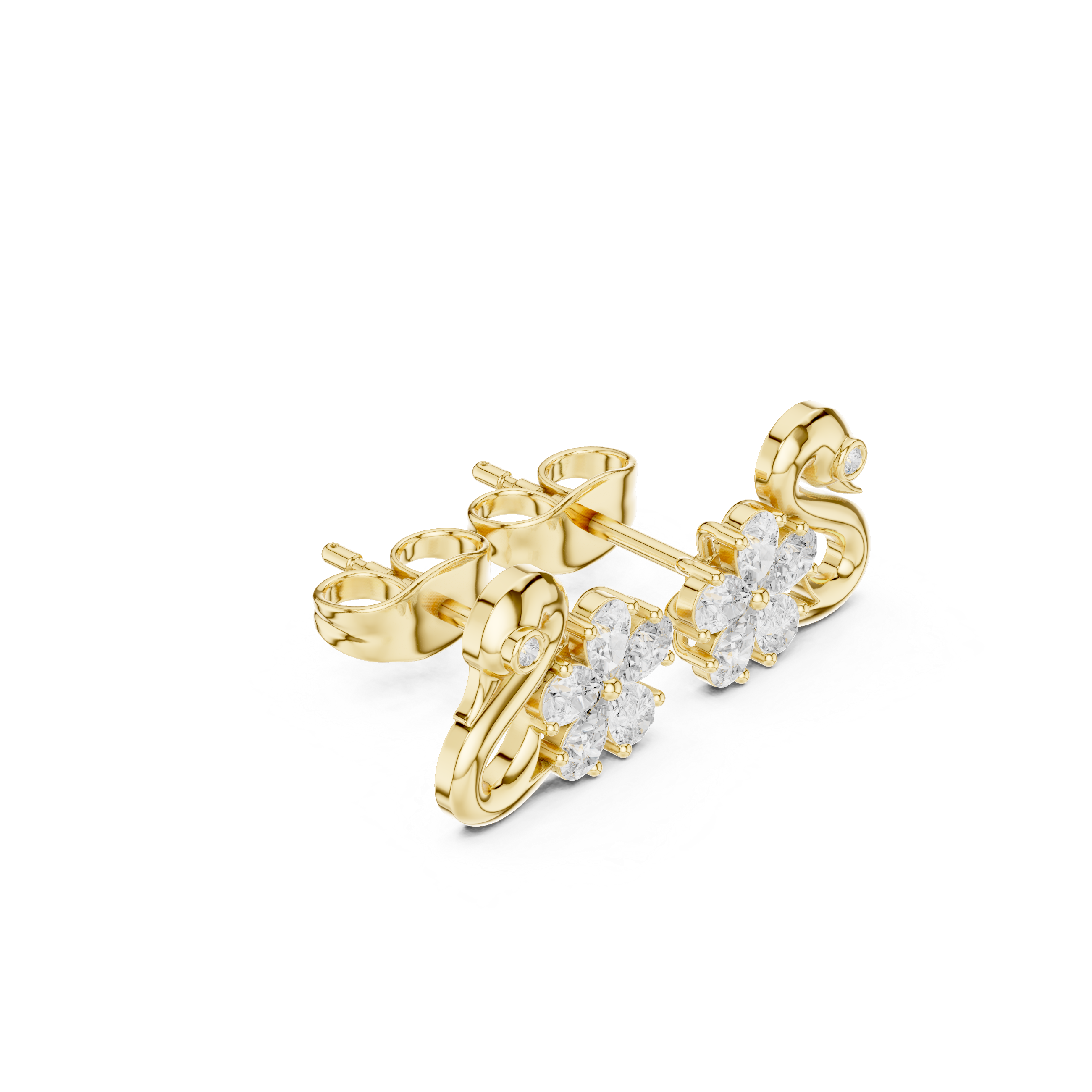 High shine pear and round diamond swan floral stud earrings