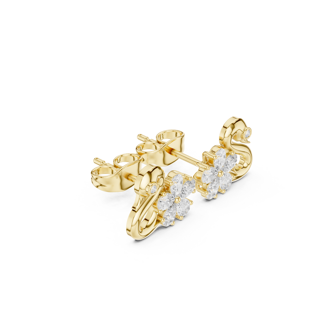 High shine pear and round diamond swan floral stud earrings