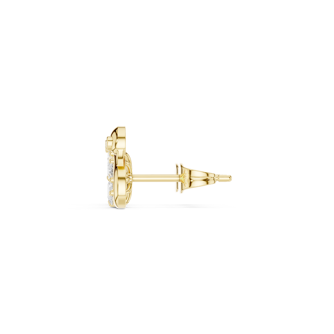 Close-up of pear and round diamond swan floral stud earrings detail