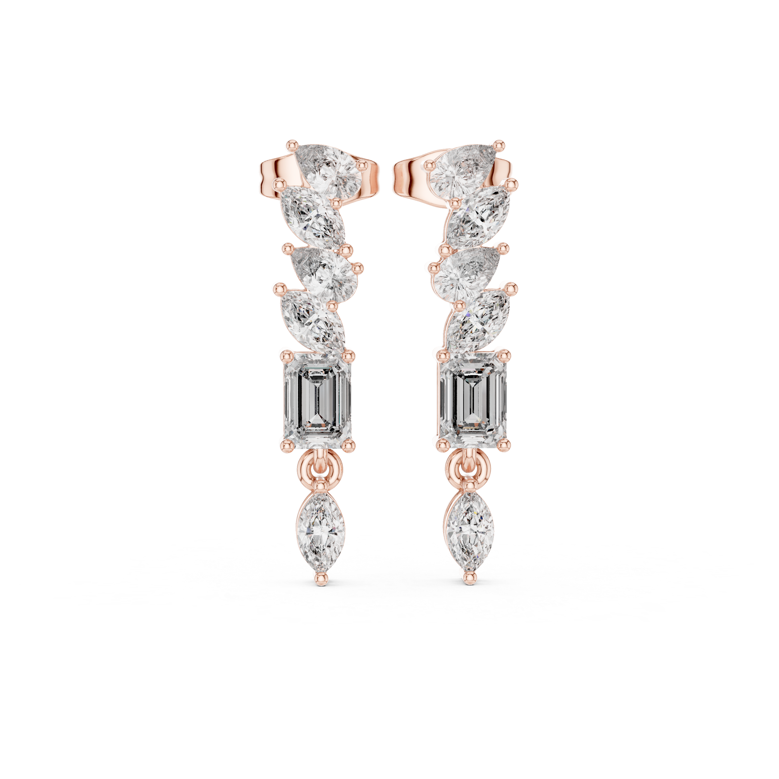Marquise pear and emerald cut diamond cascade drop earrings