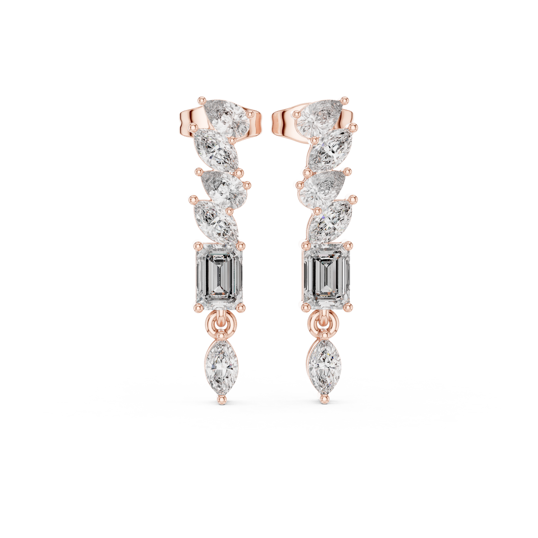 Marquise pear and emerald cut diamond cascade drop earrings