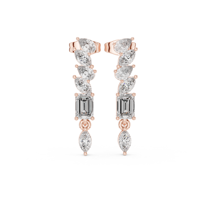 Marquise pear and emerald cut diamond cascade drop earrings