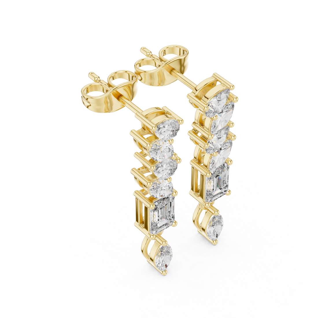 Brilliant marquise pear and emerald cut diamond cascade earrings shine detail