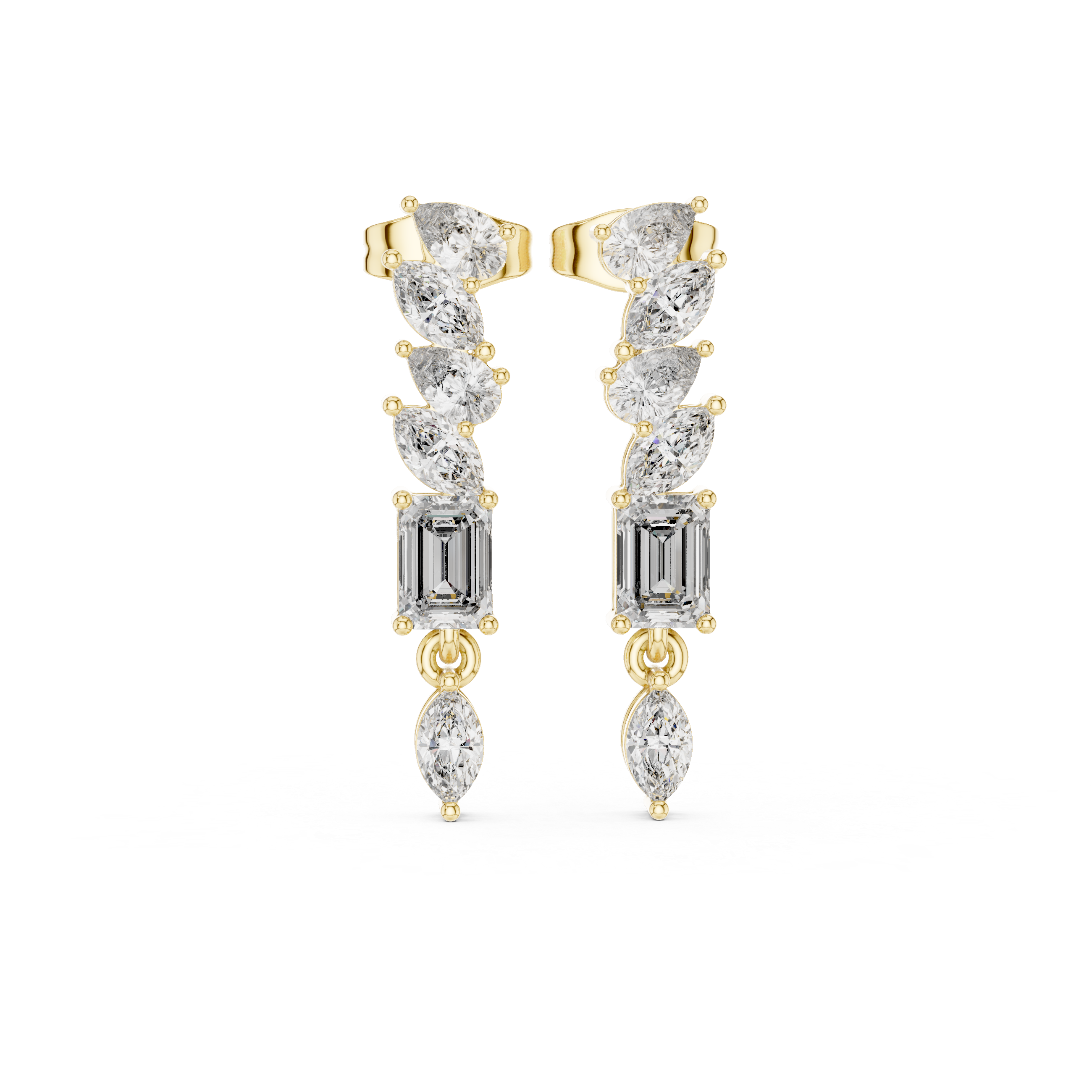 High shine marquise pear and emerald cut diamond cascade drop earrings