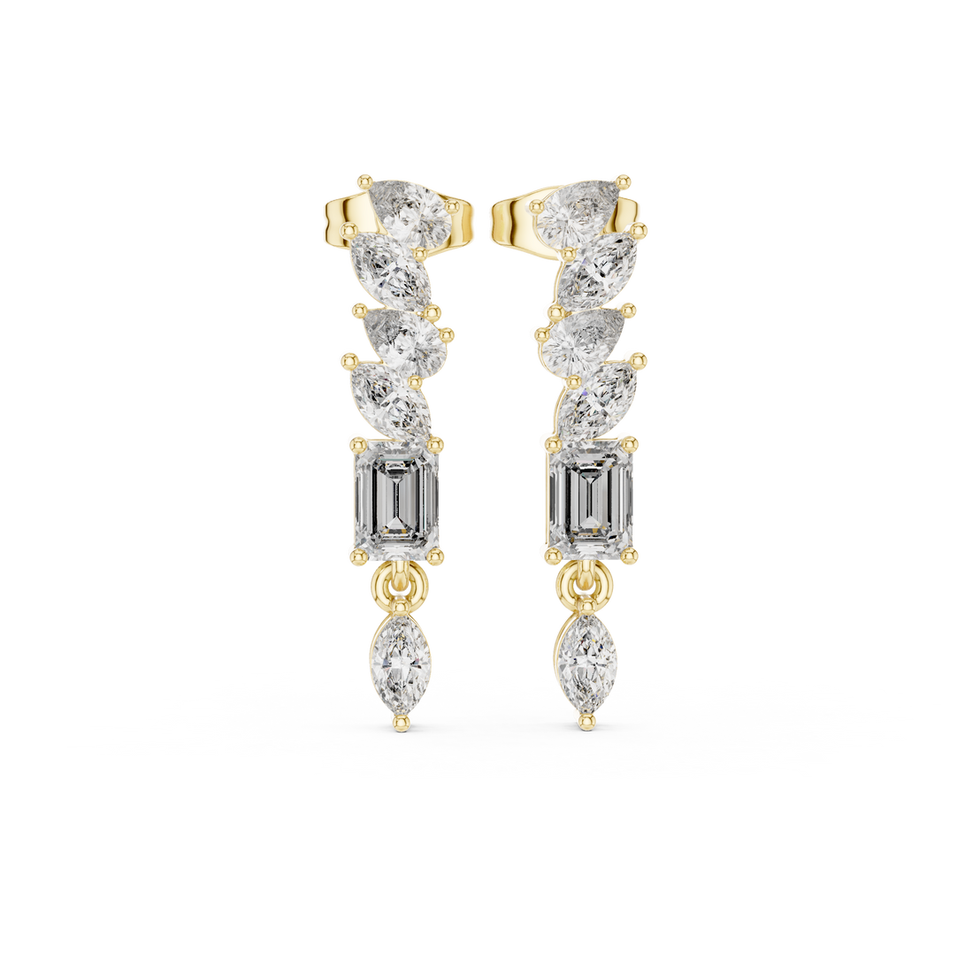 High shine marquise pear and emerald cut diamond cascade drop earrings