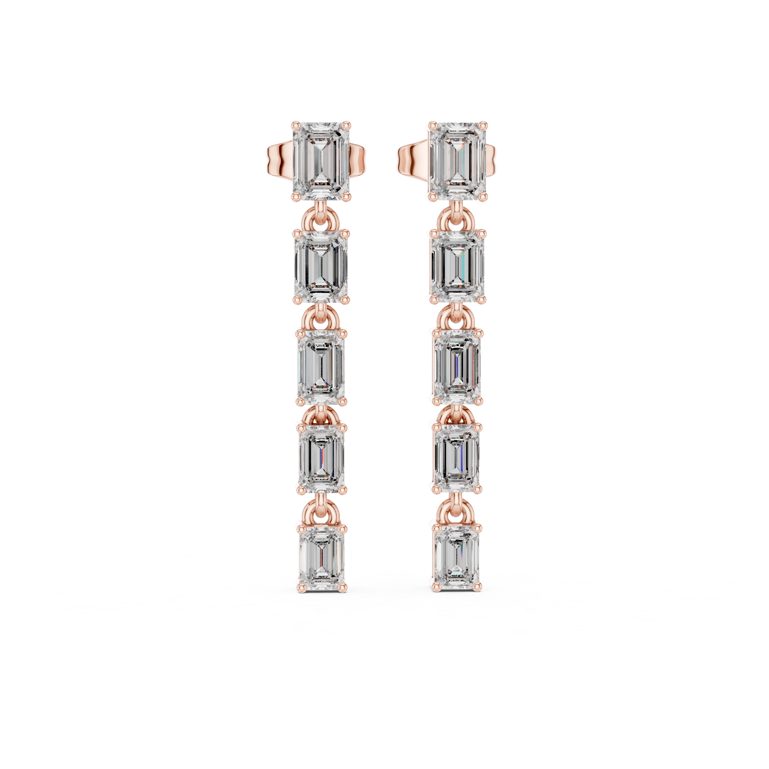 Emerald cut diamond linear drop earrings with linked station