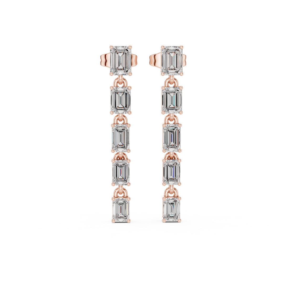 Emerald cut diamond linear drop earrings with linked station