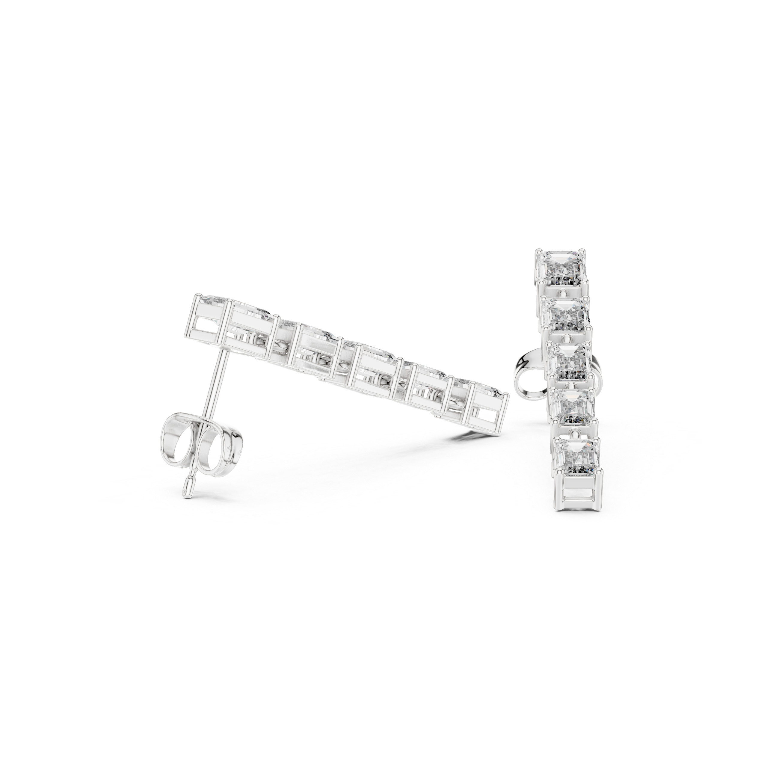 Close-up of emerald cut diamond linear drop earrings linked station detail