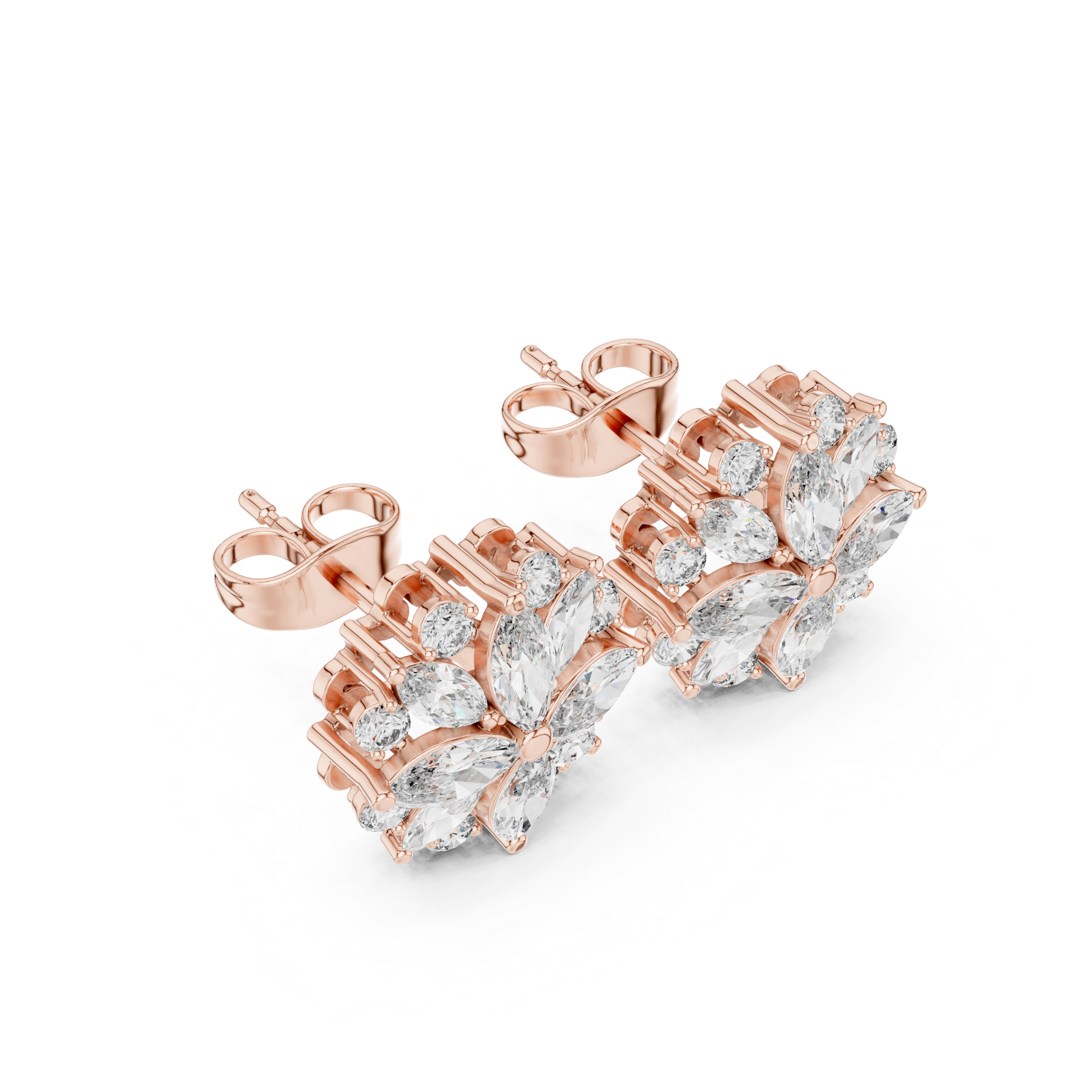 Floral cluster stud earrings with marquise and round diamonds