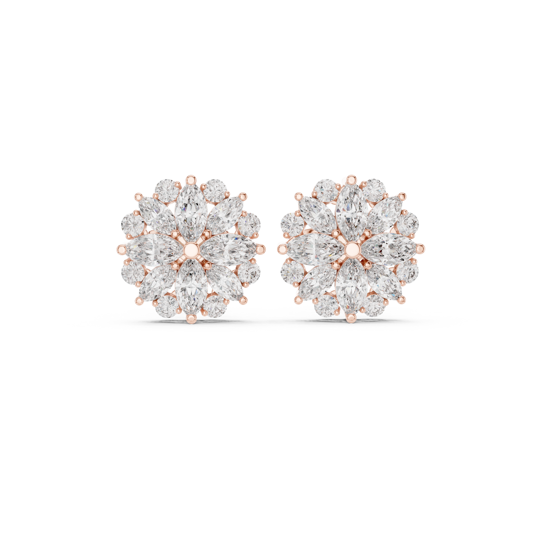 Marquise and round diamond floral cluster stud earrings