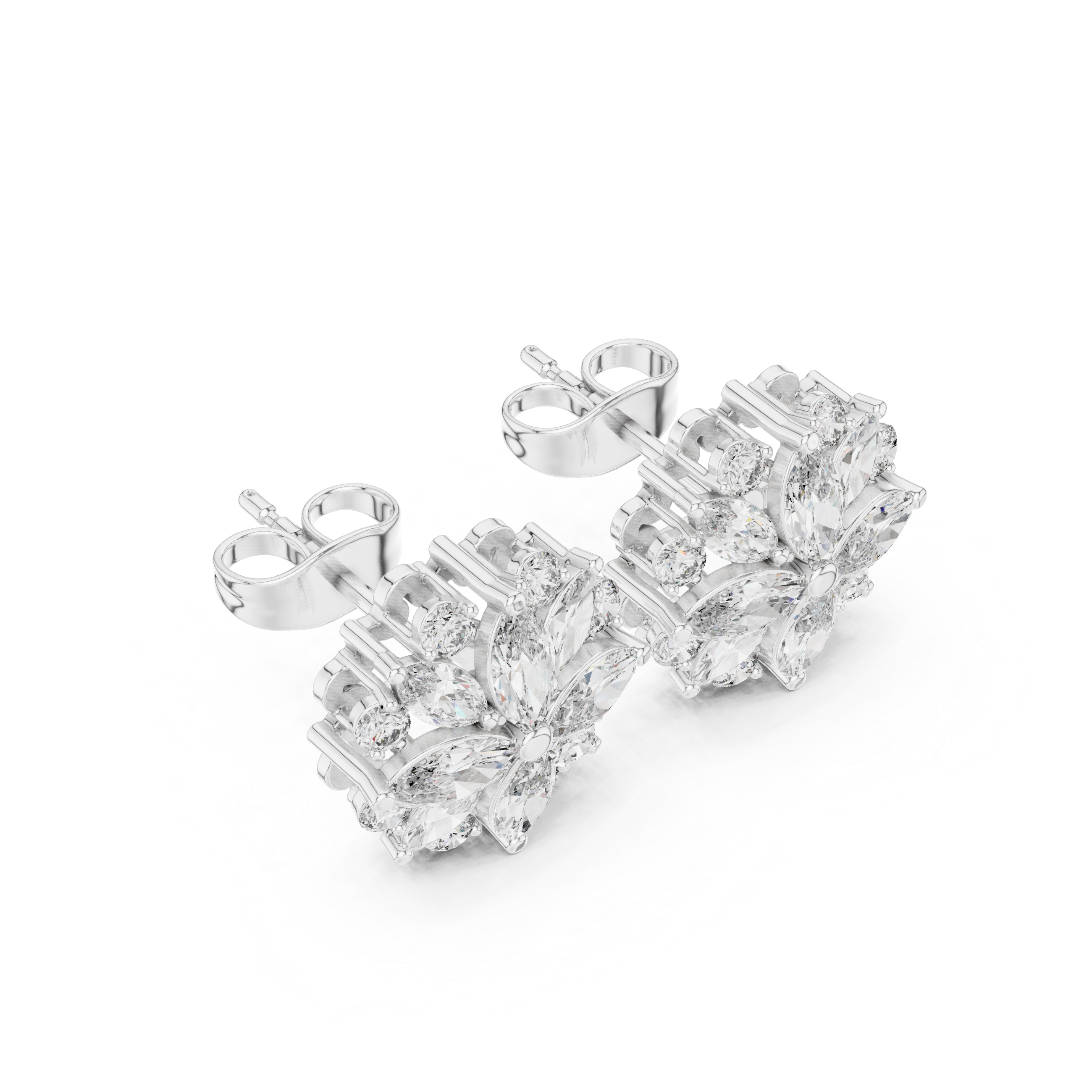 Sparkling marquise and round diamond floral stud earrings close-up