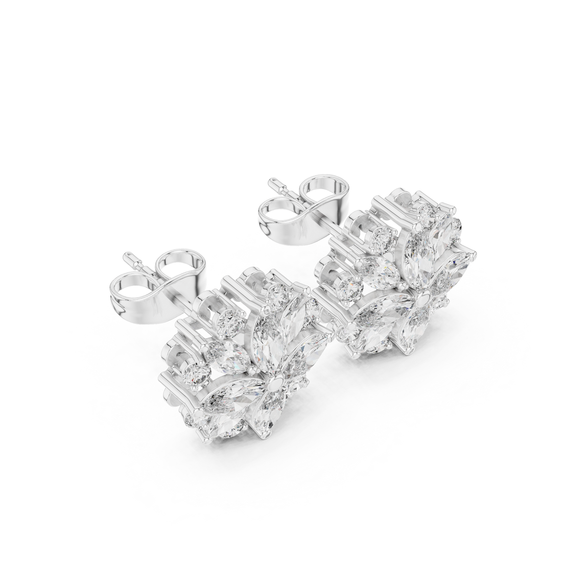 Sparkling marquise and round diamond floral stud earrings close-up