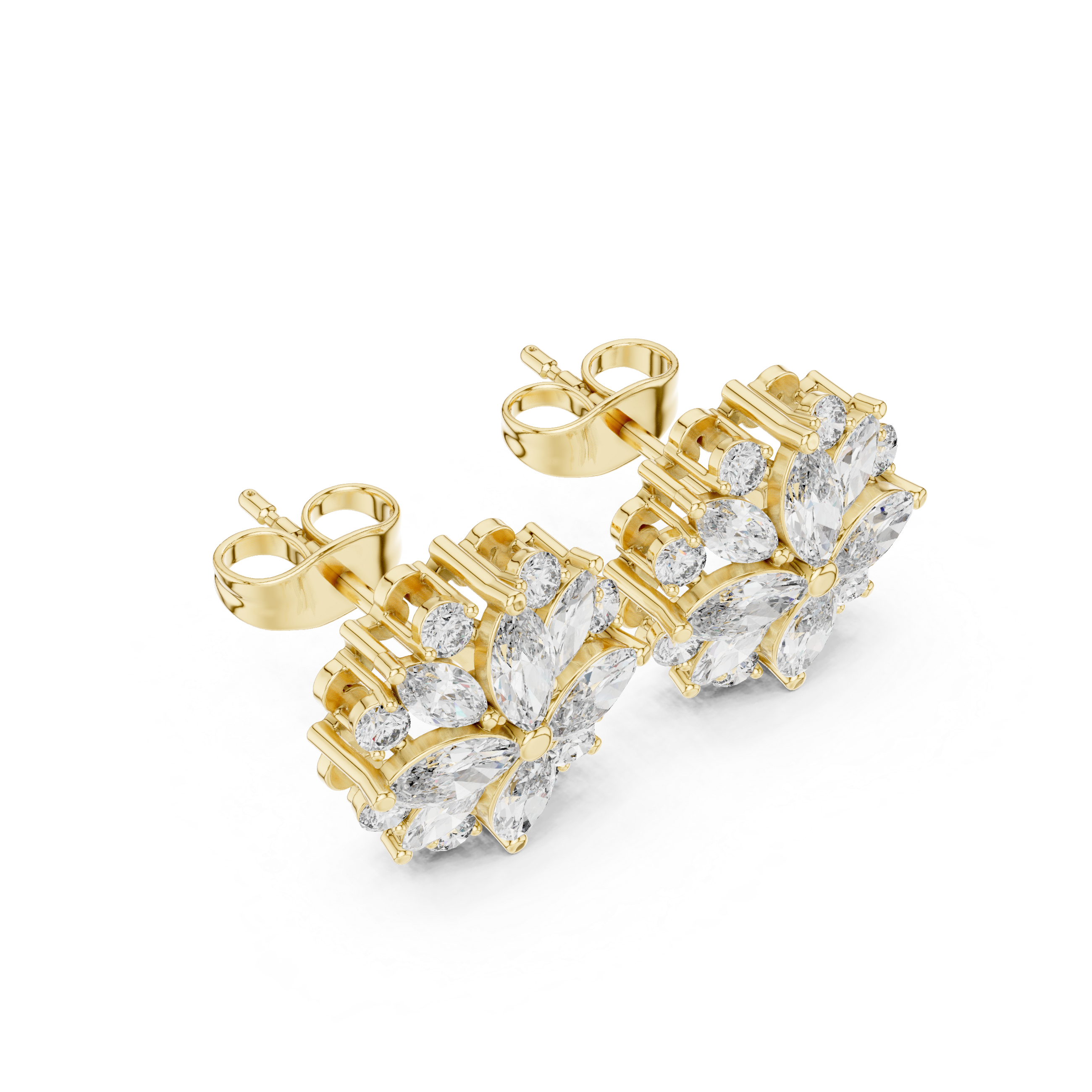 Brilliant marquise and round diamond floral stud earrings shine detail