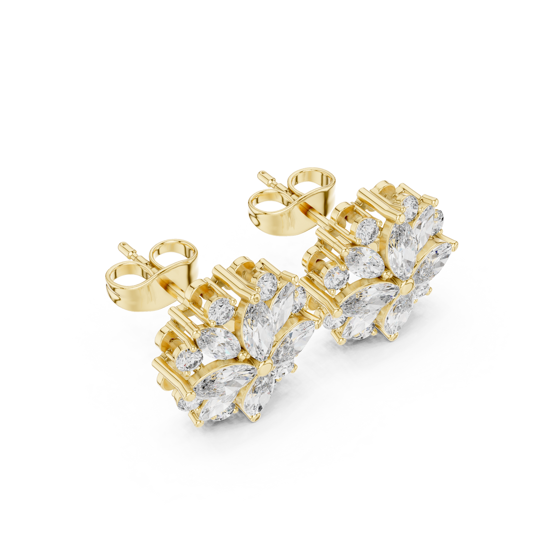 Brilliant marquise and round diamond floral stud earrings shine detail