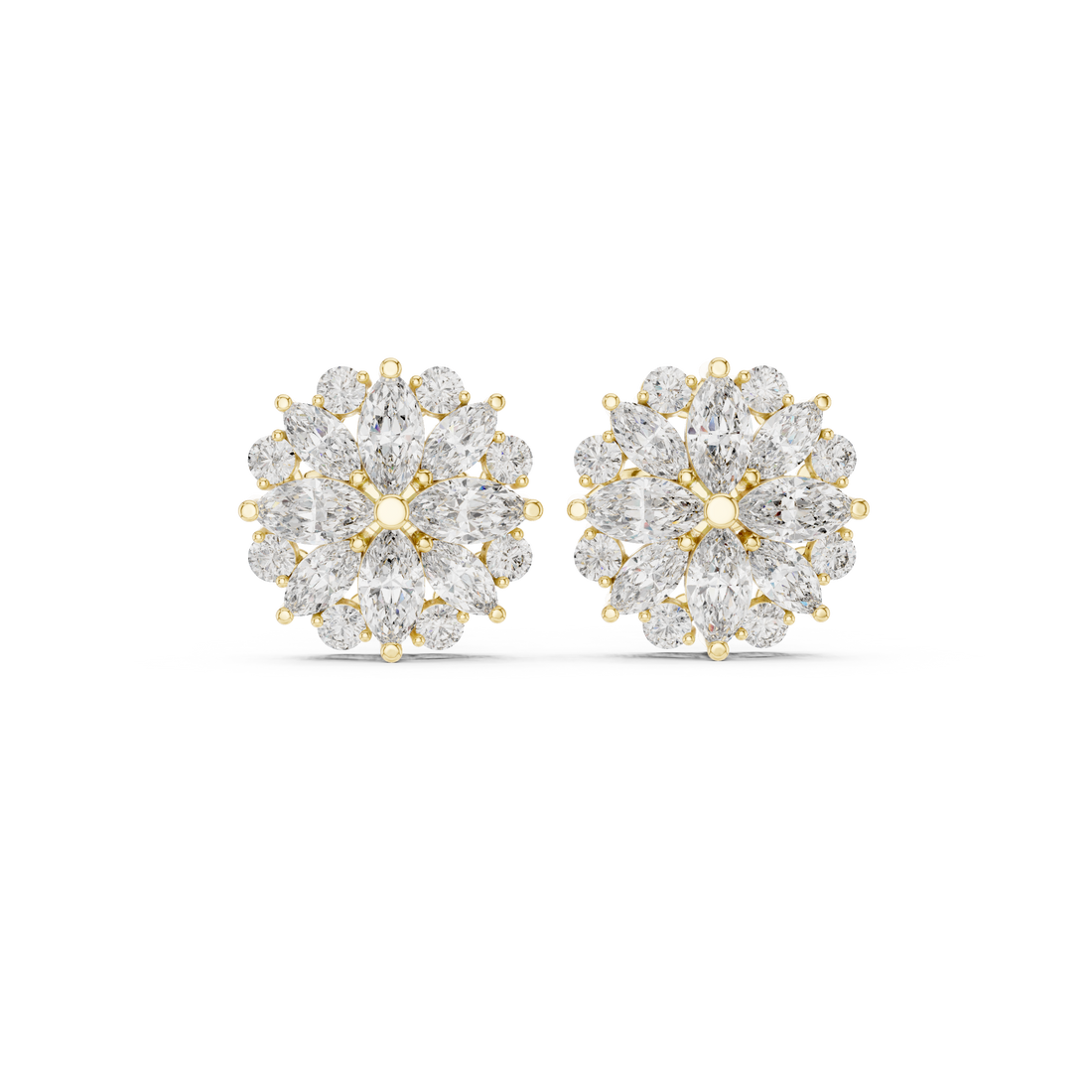 High shine marquise and round diamond floral cluster stud earrings