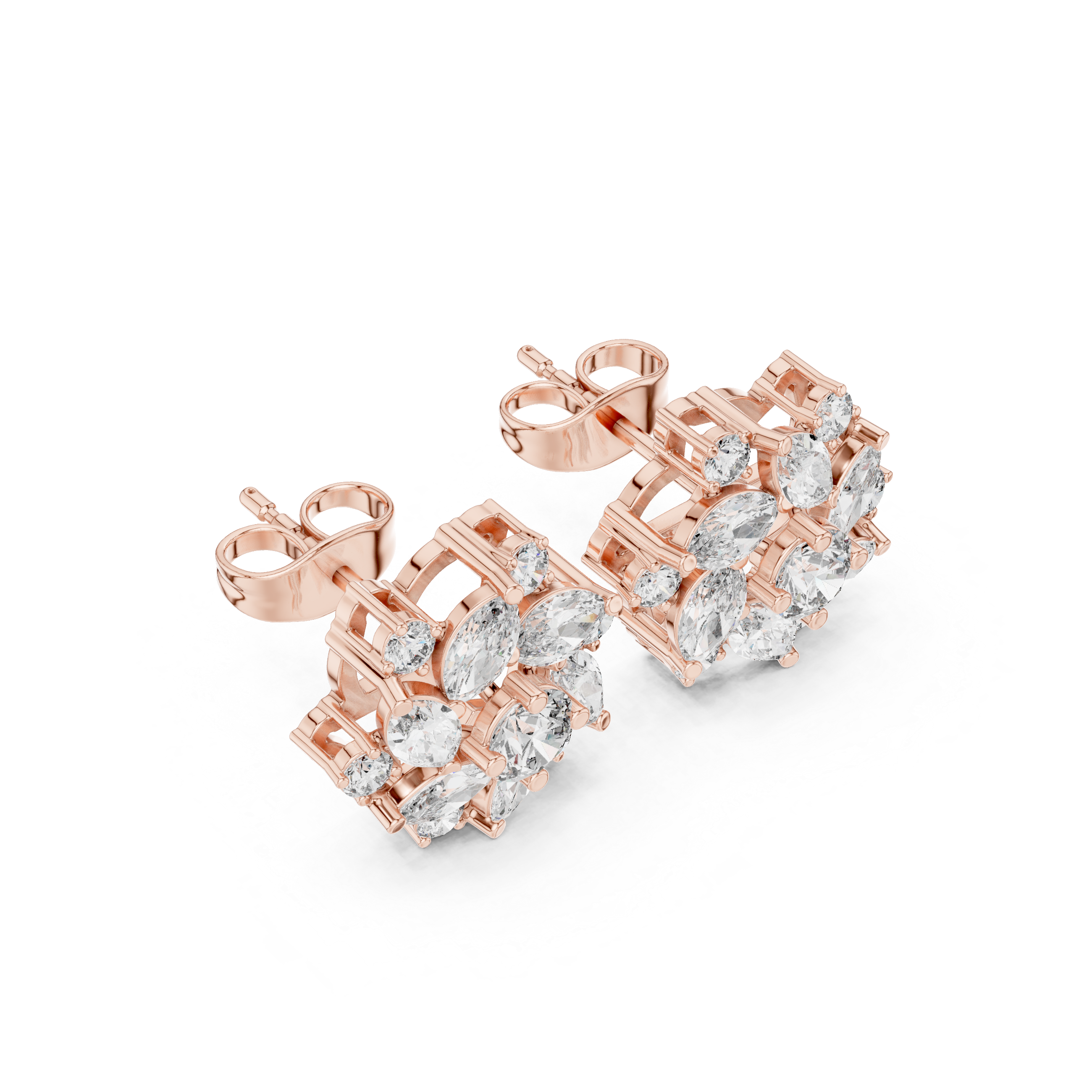 Floral cluster stud earrings with marquise and round diamonds