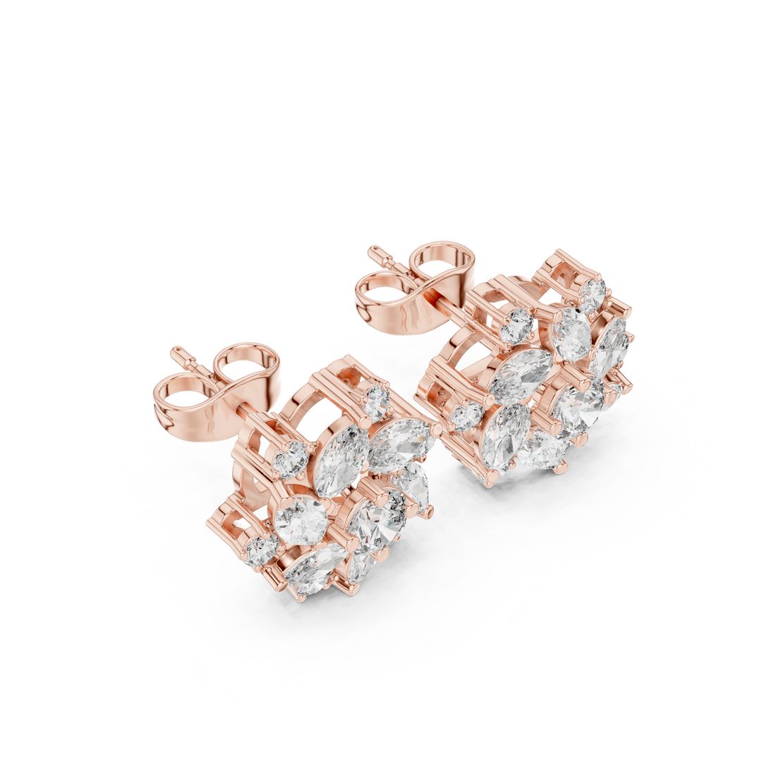Floral cluster stud earrings with marquise and round diamonds
