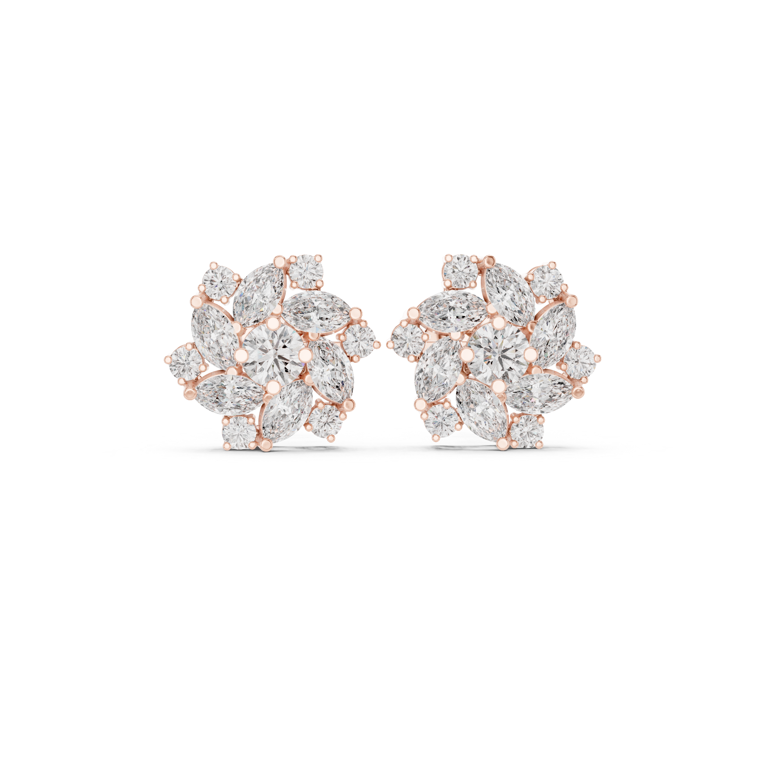 Marquise and round diamond floral cluster stud earrings