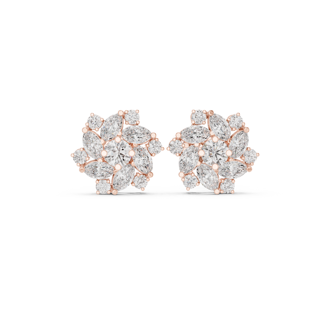 Marquise and round diamond floral cluster stud earrings