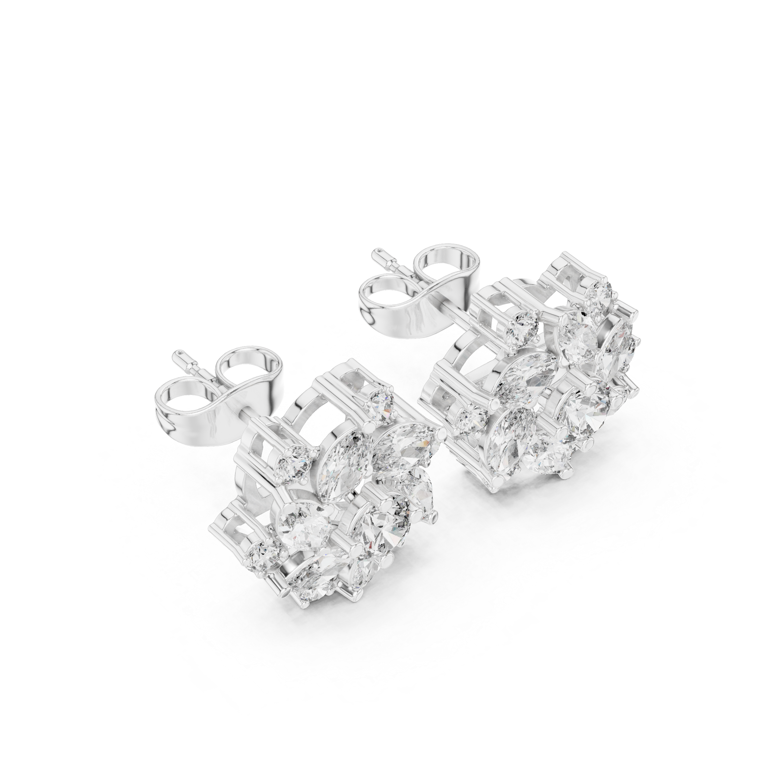 Sparkling marquise and round diamond floral stud earrings close-up