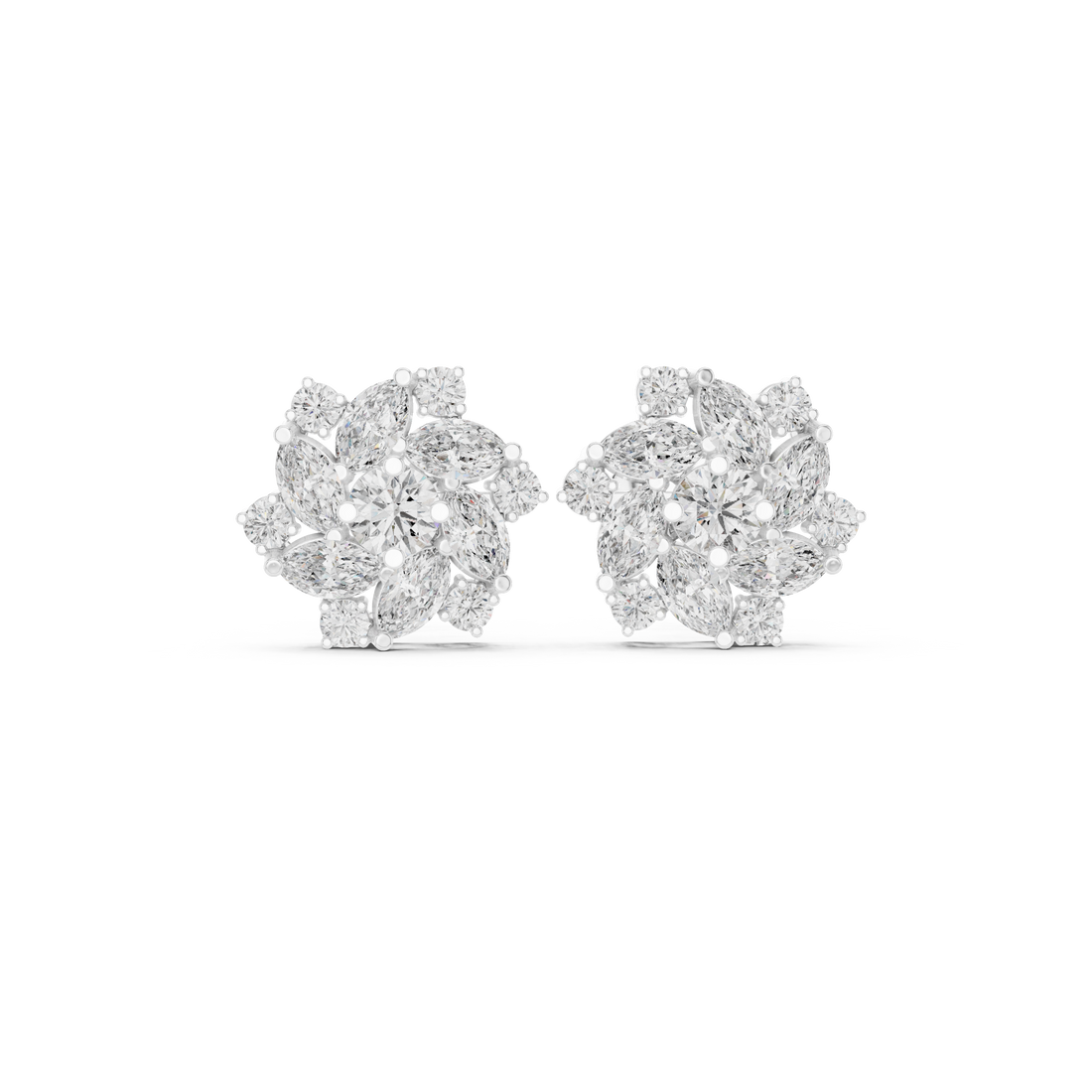 Fine jewelry marquise and round diamond floral cluster stud earrings